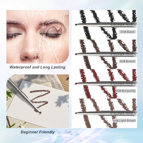 4 Pcs Waterline Eyeliner Pencil Set, Waterproof Matte Eyeliner Pens, Smooth and Long-Lasting Gel Cream Eye Liner Pencils kit Makeup for Women, Black & Brown & Burgundy & Light Brown