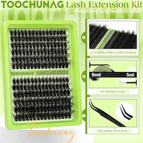 Thick Lash Clusters Kit 12-24mm Long Fluff Cluster Eyelash Extensions 180D+240D D Curly Individual Lashes Clusters Kit DIY Lash Extension Kit with Lash Bond and Seal for Eyelash Clusters by TOOCHUNAG
