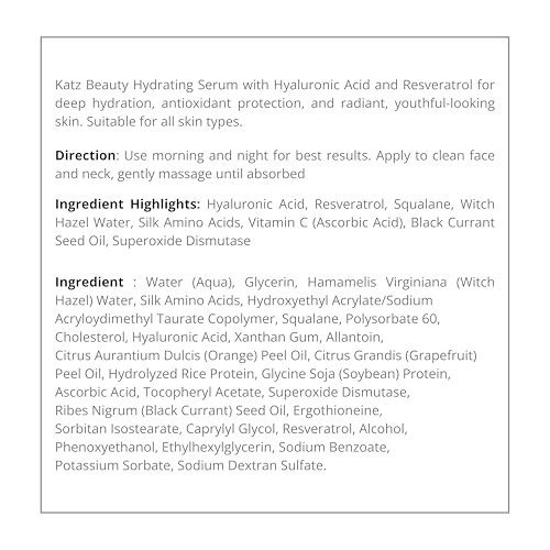Katz Beauty Hydrating Serum with Hyaluronic Acid & Resveratrol - Plumping Face Serum for Dry, Sensitive Skin, Moisturizing Glow for Women & Men, 1 fl oz