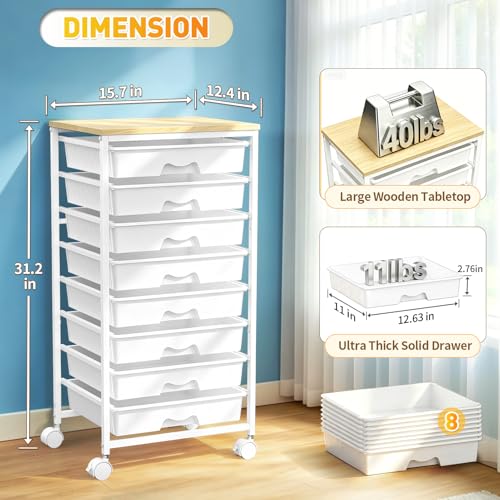 White SUNALLY 8-Drawer Rolling Cart for Craft Storage with Wooden Top