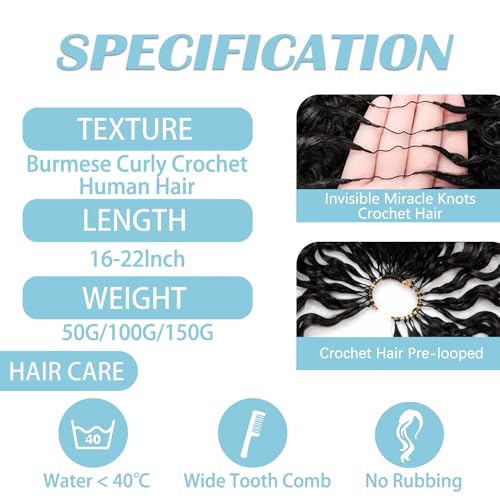 Burmese Curly Crochet Human Hair Bundles - 18 Inch, Knotless