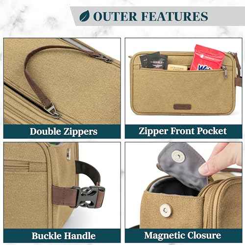 PAVILIA Toiletry Bag for Men, Canvas Travel Dopp Kit, Water Resistant Hygiene Bag Toiletries Organizer, Shaving Kit Travel Accessories Bag, Tan Khaki