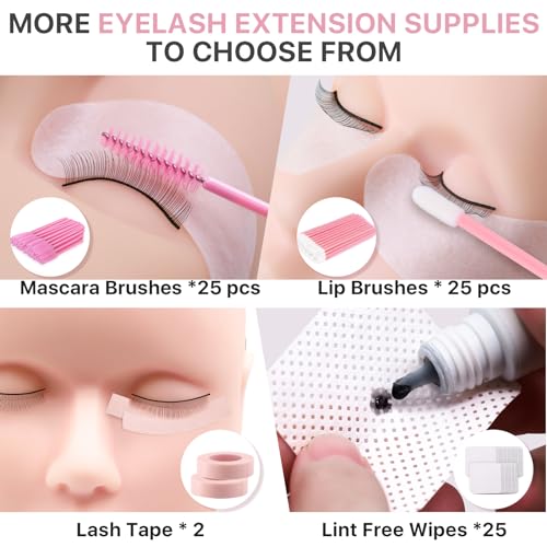 Lash Extension kit for Beginners, Eyelash Extension Kit with Mannequin Head, Lash Starter Kit with Everything Eyelash Glue USB Fan Cosmetology Esthetician Supplies for Practice Training