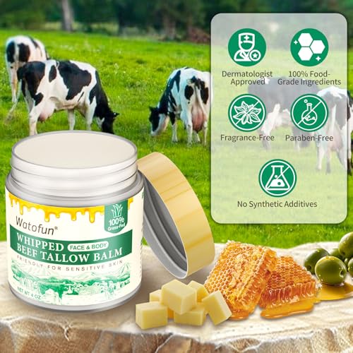 Whipped Beef Tallow Balm for Skin - 100% Organic Grass-Fed Tallow & Honey Body Butter, Infused with Olive Oil to Nourish, Soothe & Repair Dry, Cracked, Sensitive Skin- Natural Deep Moisturizer 4 OZ