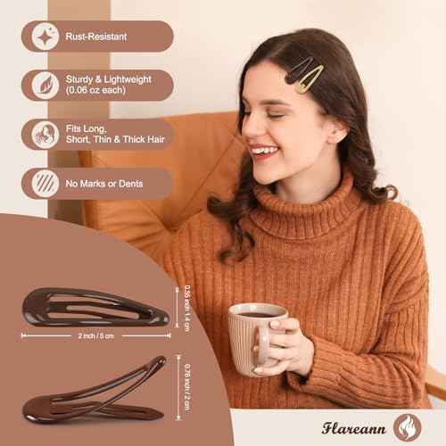 Neutral Shades Glossy Snap Hair Clips by FLAREANN ? 50 PCS 2 Inch Non-Slip Metal Hair Barrettes for Women in Beige, Black, Brown, Light Brown & Grey ? Minimalist Hair Accessories