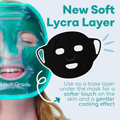 Medi Grade Cooling Gel Face Mask with 1 Lycra Fabric Mask and Storage Pouch - Soothing Gel Face Mask for Dark Circles and Puffiness - Cold Full Face Gel Mask Relaxation