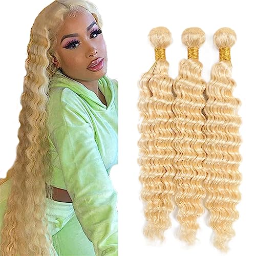 613 Blonde Deep Wave Human Hair Bundles - 24-28 Inch, 3 Pack