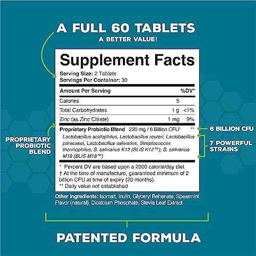 Oral Probiotics for Mouth Bad Breath Treatment for Adults: Dentist Formulated BLIS K12 M18 Advanced Oral Probiotics for Teeth and Gums, 60 Chewable Oral Health Probiotics Supplement Tablets (Mint 2pk)