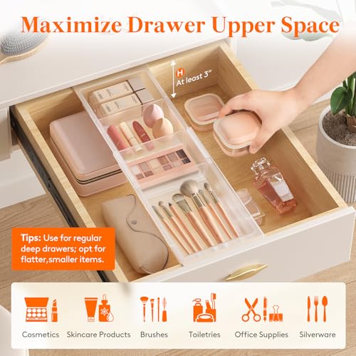 Lifewit Sliding Makeup Drawer Organizer, Fits 13-20" Deep Drawers, Extendable Hanging Divider, 1.8" High Plastic Tray for Vanity, Office, Kitchen, Translucent, 2Pcs