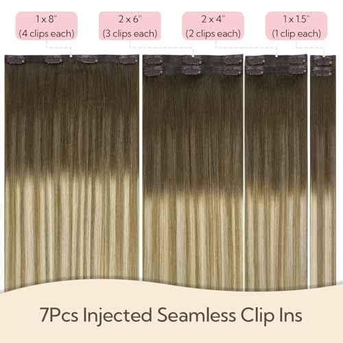 HOTBANANA Invisi Edge Clip in Hair Extensions, 18inch 110g 7Pcs Injected Seamless Clip in Extensions Real Human Hair Ombre Walnut Brown to Ash Brown and Bleach PU Hair Extensions Straight Hair