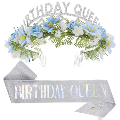 Flower Birthday Queen Crown and Sash Set - Silver Tiara for Celebrations
