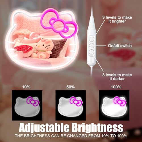 Anime Hello Kit Cat Neon Sign Mirror 12 * 9.5 inch Vanity Mirror with Lights Bedroom Wall Mirror for Pink Room Decor and a Makeup Mirror with Lights Teen Girl Gifts