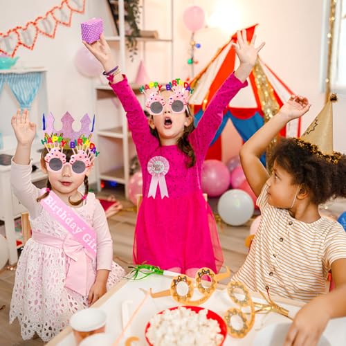 Pink Kid's Birthday Crown & Dress Up Set - Girl Headband Tiara & Ribbon Medal, YumSur