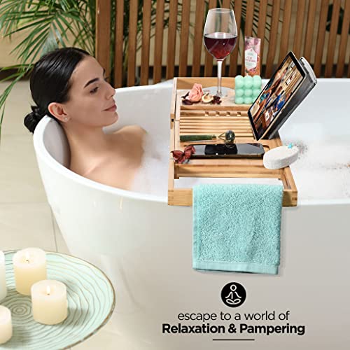 Bamboo Bathtub Caddy Tray - Expandable Bath Tray for Tub