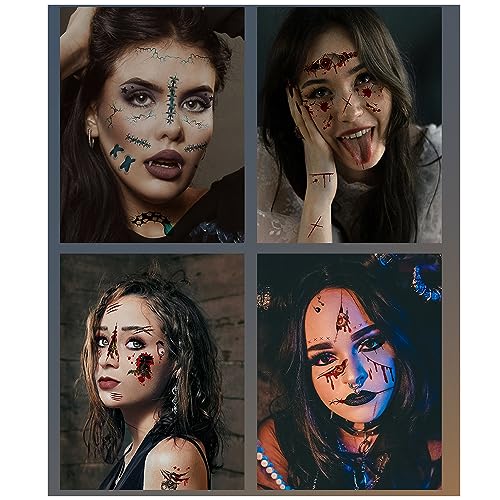 Halloween Temporary Tattoos Day of the Dead Tattoo Stickers Wound Bloody Eye Tattoo Decals 10 Sheets Fake Tattoos for Halloween Party Makeup Decorations