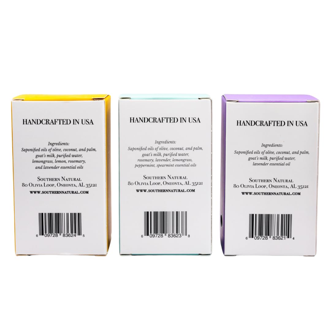 Southern Natural Goat Milk Soap Bar (Variety 3 Pack) Lavender, Lemongrass, Spa Fusion - For Dry Sensitive Skin. Natural Handmade Soap For Face and Body.(Each Bar 4-4.5 oz)