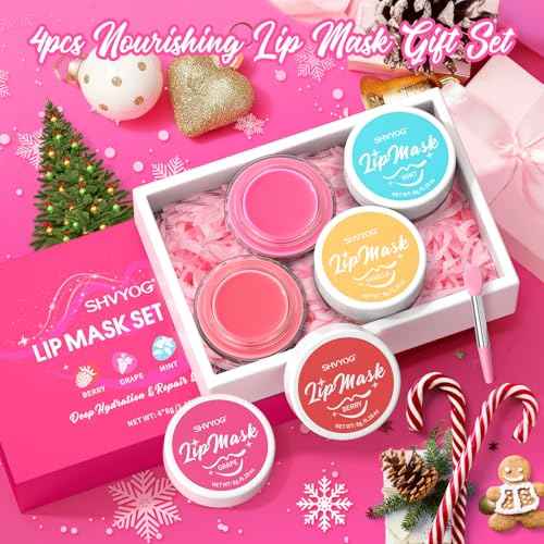 4 Pack Lip Mask Set, Hydrating Lip Mask Overnight - Berry, Grape, Mint, Vanilla Flavors, Lip Sleeping Mask Nourish Lip Balm with Vitamin C & Shea Butter | Dry Lips Care Gift