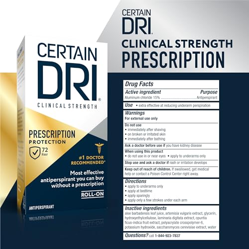 Certain Dri Prescription Strength Clinical Antiperspirant Roll-On Deodorant, Hyperhidrosis Treatment for Men & Women, Long-Lasting 72hr Protection, Effective Sweat Control, Fragrance Free, 1.2 Fl oz