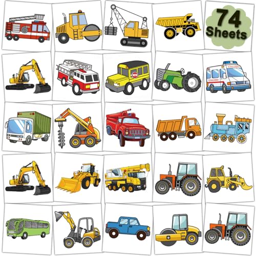 Car and Truck Temporary Tattoos for Kids Party Supplies - 74 Individually Sheets Car Construction Tractor Tattoos for Boys Birthday Party Favors Goodie Bag Fillers