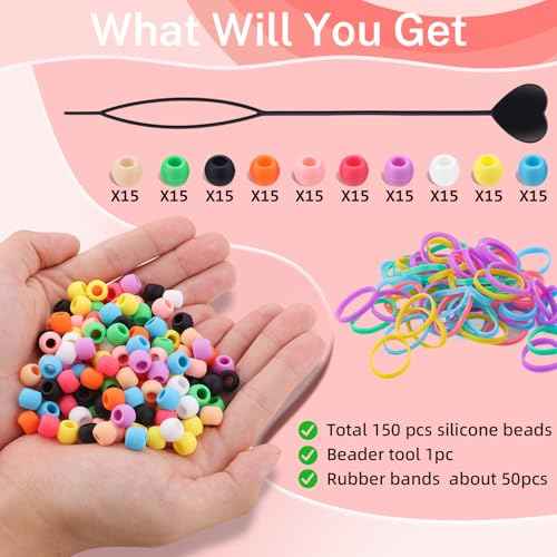 150Pcs 10mm Small Silicone Beads for Hair Braids, Soft Jellyish Pony Hair Beads with 5mm Hole + 50 Rubber Bands and 1 Beader for Braiding, DIY Bracelets Necklaces Crafts (Multicolors)