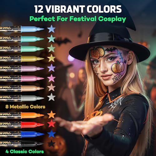Metallic Face Paint Pens Set - 12 Colors Body Art Markers