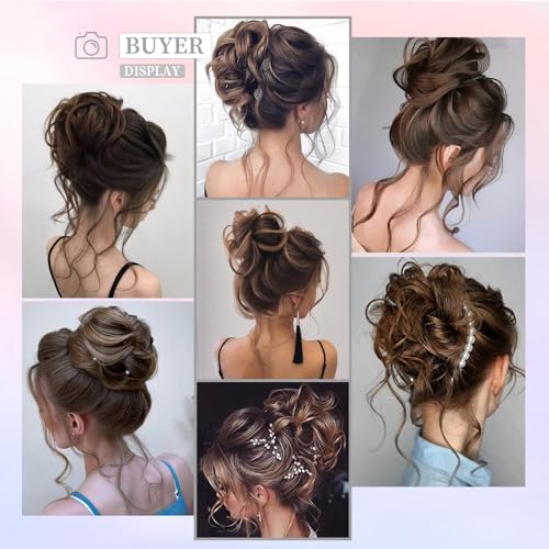 HSLHDI Messy Hair Bun Hair Piece for Women Short Bun Tousled Synthetic Elastic Scrunchies Hairpiece for Women Girls (1-5pcs, 8#-Medium Chestnut Brown)…