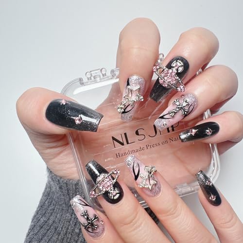 NLSJMP 3D Handmade Long Stiletto Press on Nails Almond Acrylic Fake Nails Kit,Rhinestone Luxury glitter Design Nail Art Kit,Reusable False nails,Include Toolkit,10Pcs,Size S,#986