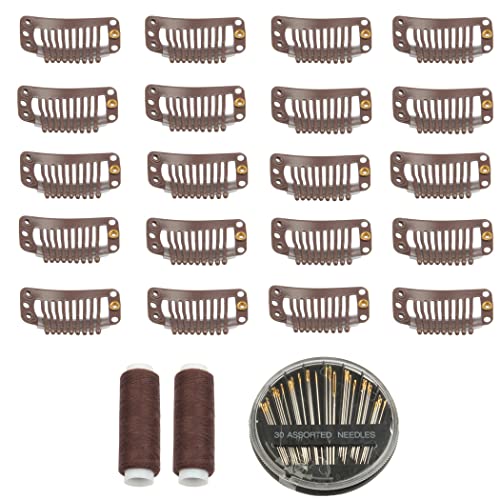 30 Pcs Hair Extension Clips, 9 Teeth Stainless Steel Snap Comb Wig Clips, Wig Accessories Clip with 30 Assorted Sewing Needles and 2 Rolls Thread (Dark Brown)