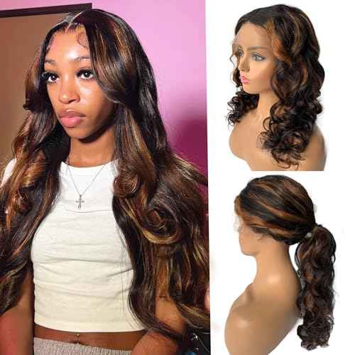 Highlight Ombre Lace Front Wig Human Hair #1b/30 Black and Brown Middle Part Lace Frontal Human Hair Wig 180% Density Pre Plucked Ombre Brown Glueless Wigs for Black Women 20 Inch 180% Density