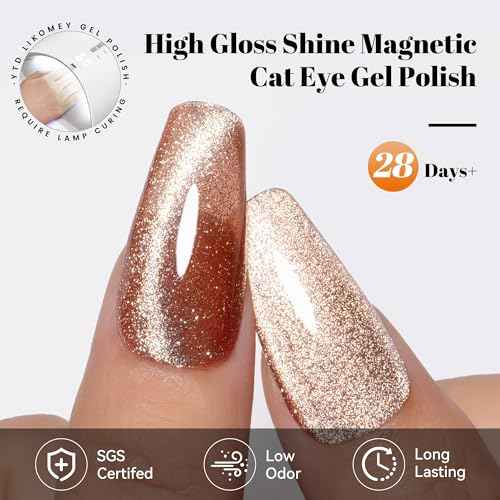 YTD Likomey Cat Eye Gel Nail Polish,Platinum Glitter 15ml Champagne Gold Magnetic Reflective Flash Sparkle Shiny Salon Home Fall Winter UV Color Varnish with Magnet Stick,HEMA Free TPO Free,MY512