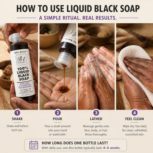 African Liquid Black Soap - 100% Natural for Face & Body - 8 oz