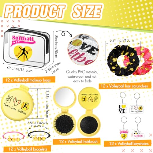 Meanplan 60 Pcs Softball Party Favors Softball Team Gifts for Players with 12 Set Bracelets Keychains Makeup Bag Mini Brush with Mirror Hair Scrunchies for Sport Party Supplies
