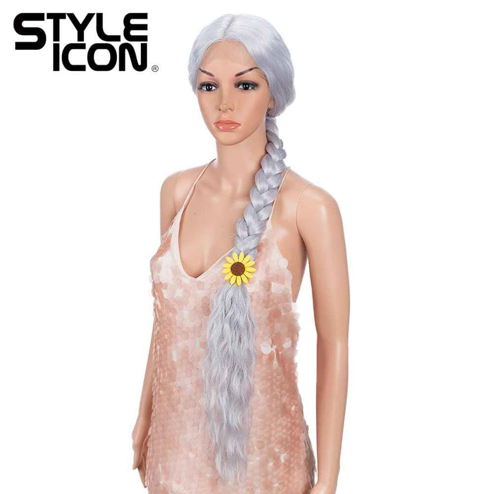 Style Icon 41" Lace Front Wigs Long Wavy Synthetic Wigs with Baby Hair Silver Grey Bohemian Style Half Hand Tied 130% Density Wigs (41", THISTLE)