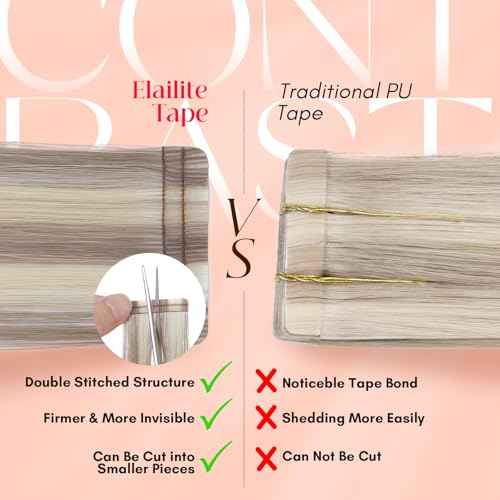 Elailite Tape in Hair Extensions Human Hair Thick Real Remy Hairpieces Ash Blonde & Bleach Blonde 16 Inch 50g 20pcs Straight Invisible Seamless Skin Weft Best Tape for Women