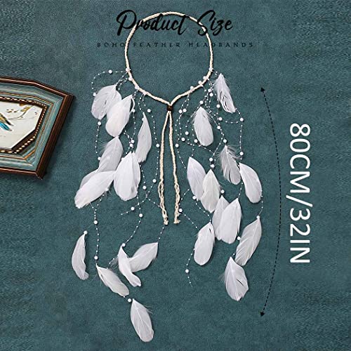 CAKURE Pearl Feather Headband White Hippie Headbands Gypsy Costume Headwear Indian Headpieces Bridal Hair Band Adjustable Headdress Wedding Feather Hair Accessories for Women and Gilrs (Type1)