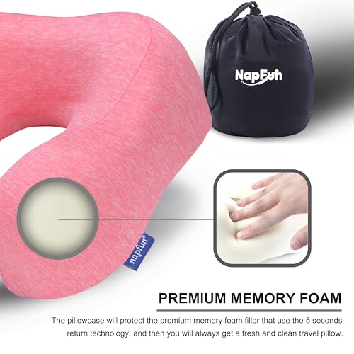 napfun Neck Pillow for Traveling, Upgraded Travel Neck Pillow for Airplane 100% Pure Memory Foam Travel Pillow for Flight Headrest Sleep, Portable Plane Accessories, Rose