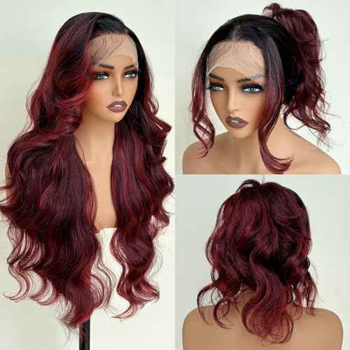 Burgundy Ombre 26 Inch HD Lace Front Wigs for White Women Black Women - Pre Plucked Body Wave Synthetic Wig with Tiny Knots 13¡¿6 Pre Layered Natural Hairline Glueless Wigs Wear and Go