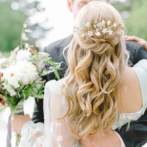 6 Pieces Bridal Wedding Hair Pins Gold Leaf Hair Pins Clips Crystal Pearl Flower Headpiece Vintage Wedding Hair Accessories for Brides Bridesmaids Women Girls