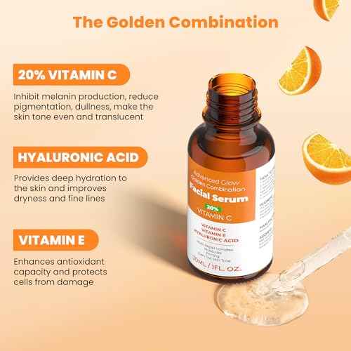 20% Vitamin C Face Serum with Golden Combination of Hyaluronic Acid and Vitamin E | Reduce Acne Spots | Even Skin Tone | Hydrating Face Serum Moisturising & Firming Skin Care | 1 Fl. Oz