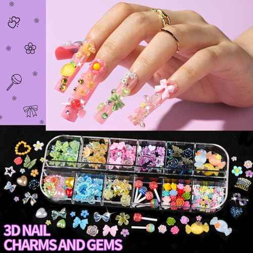 FANDAMEI Nail Charms and Gems, 8 Boxes Nail Art Kit for Design, Multi-Shape Rhinestones for Nails Flat Back Pearls Jewels, 3D Fruit Flower Candy Nail Charms, Gold Nail Studs Jewels