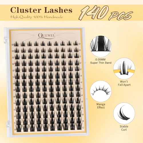 QUEWEL Manga Lash Clusters Kit 140pcs 10-18mm w/ Bond & Seal