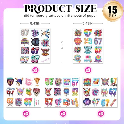 180PCS - 6 7 Temporary Tattoos, 6 7 Birthday Decorations, 67 Valentines Gift, Drip Baseball Temporary Tattoos, Ice Cream Drip Party Decorations, Baseball Drip Party Gift 15 Sheets 60 Styles