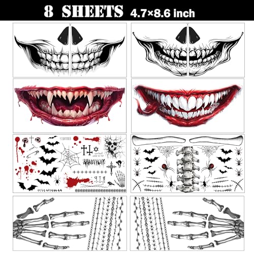 8-Piece Skeleton Halloween Face Tattoos - Waterproof Makeup Stickers