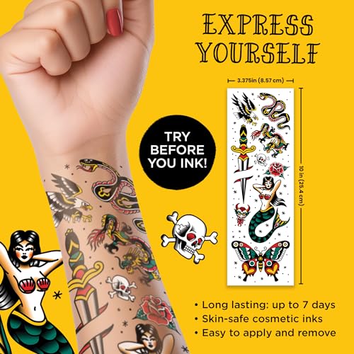 Savvi - 18 American Traditional Temporary Tattoos: Skin-Safe Ink, Great for Parties and Everyday Wear,Gifts for Teens and Adults, Made in the USA [2 sheets, 18 count]