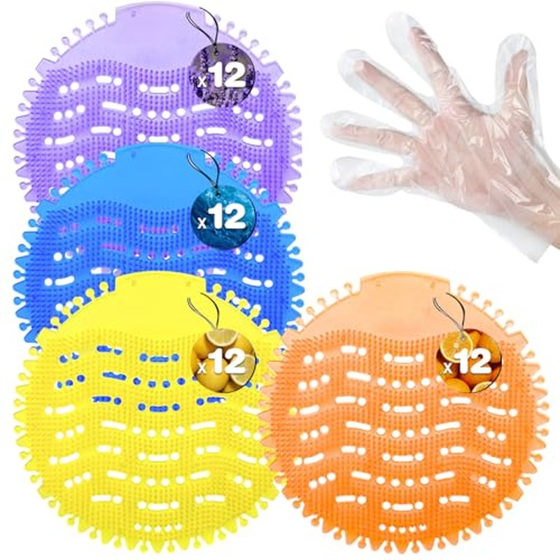 48-Pack Urinal Deodorizer Screens with 100 Gloves | 4 Scents
