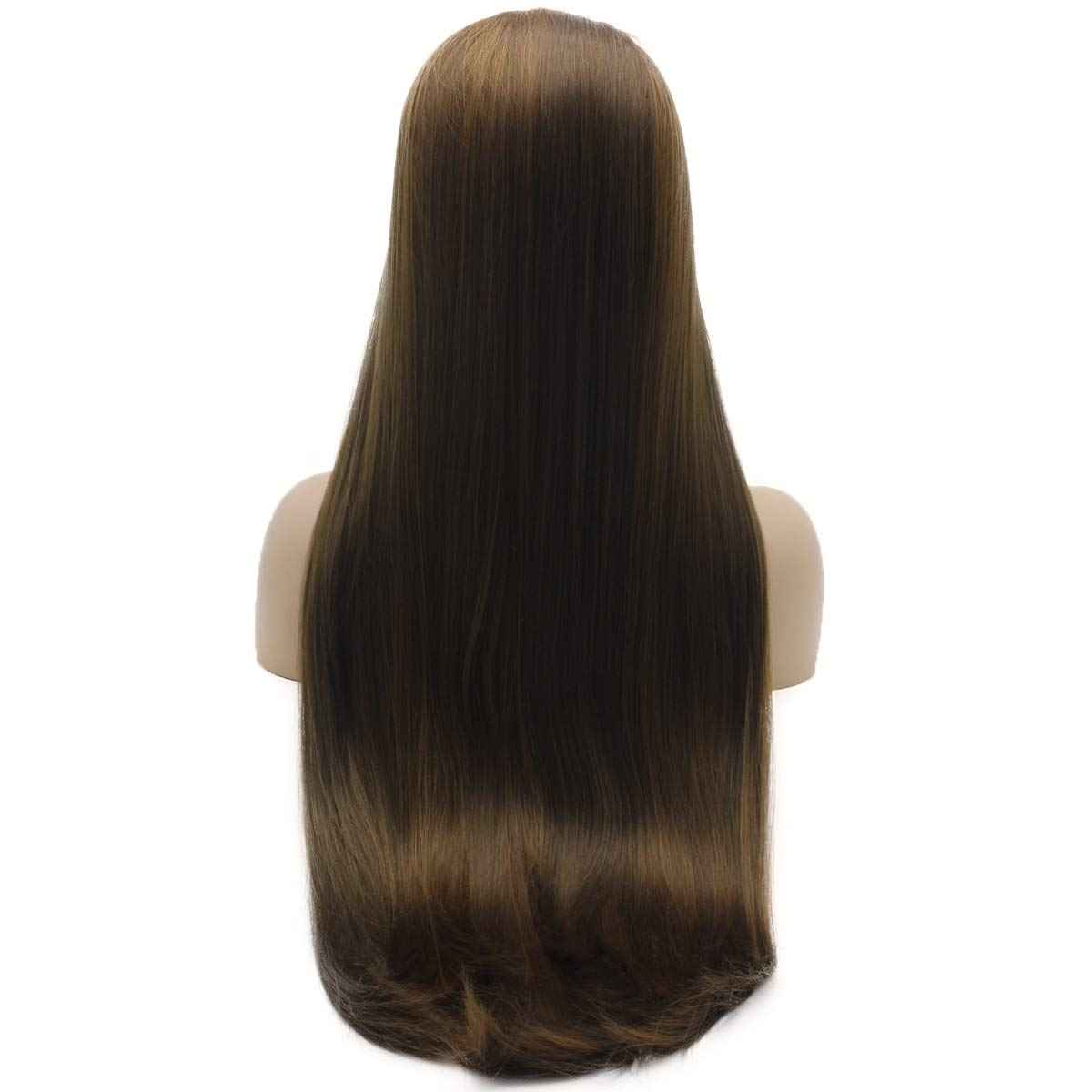 Lushy Straight Extra Long 28inch Silky Brown Honey Blonde Mix Heat Resistant Heavy Density Synthetic Lace Front Wig
