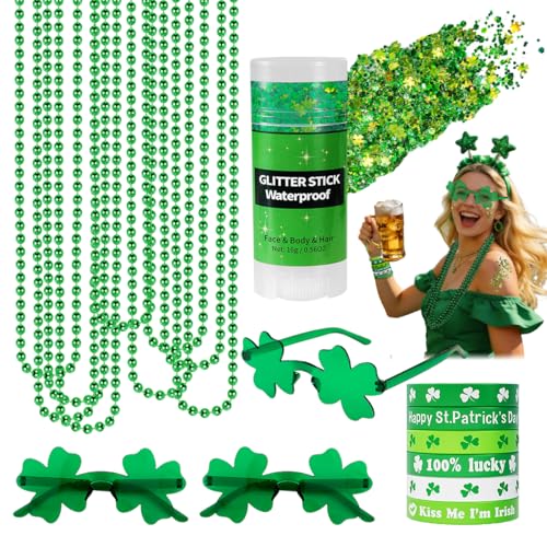 19PCS St Patricks Day Accessories Party Favor Set | Shamrock Green Face & Body Glitter Makeup, Green Glasses, Necklaces & Bracelets | Irish Throw Party Makeup Accessories & Dress-Up Costume Decor
