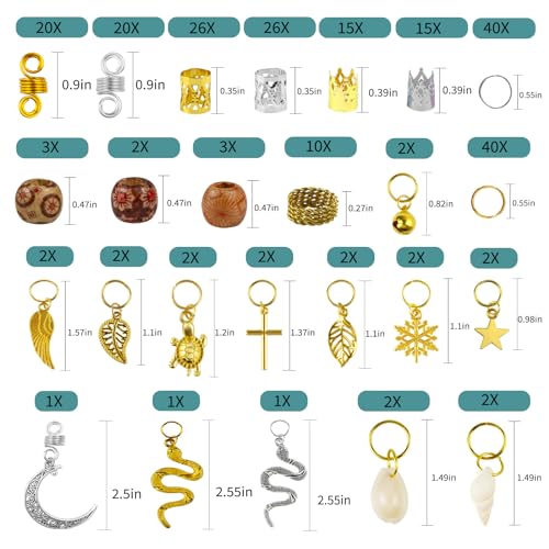 Qingchuang 241 PCS Hair Jewelry for Braids, Locs Metal Gold and Silver Clips Shells Imitation Wood Beads, Adjustable Cuffs Braiding Hair Rings Decoration, Dreadlock Beads for Girls