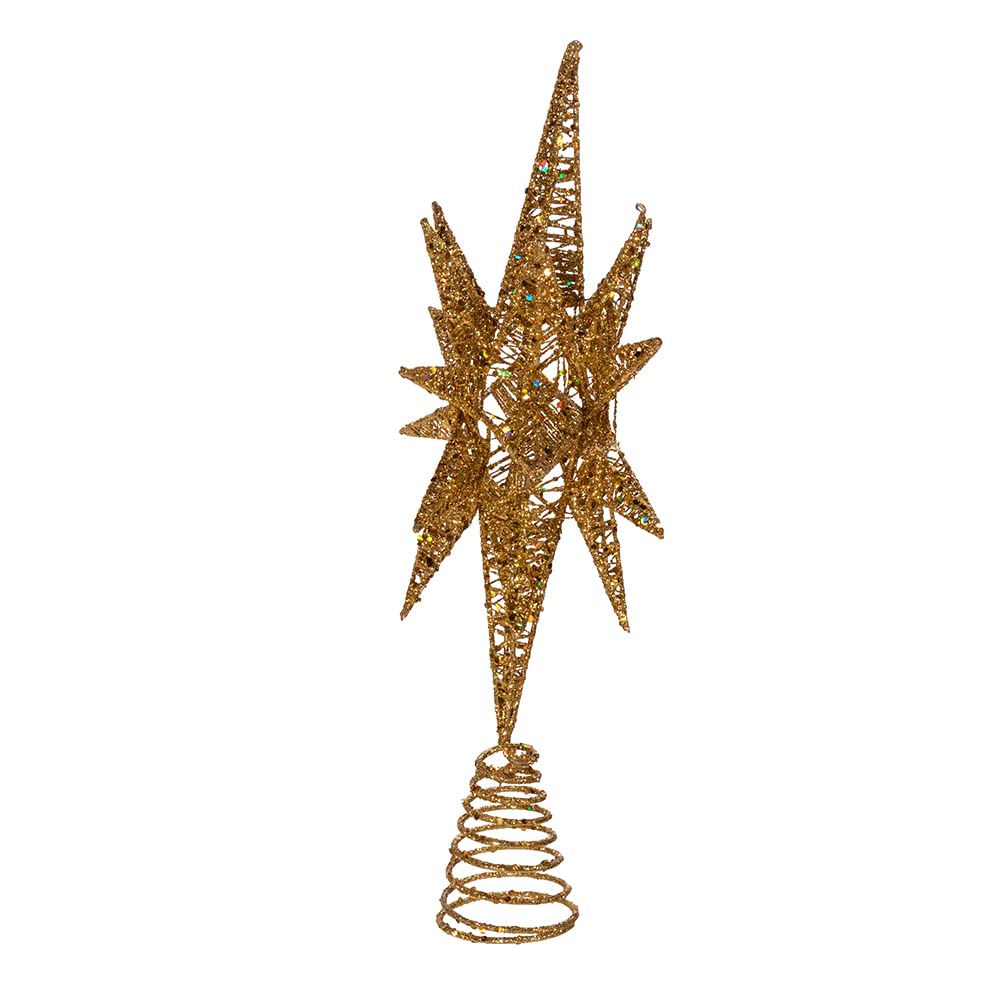 Kurt Adler Un-Lit Gold Glitter Wire 3D Star Treetop, 16.5-inch Length, Gold-Tone, Metal, Holiday Decor