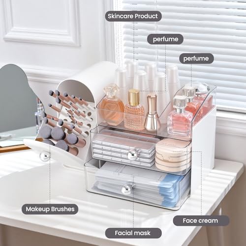 Makeup Organizer with Brush Holder & 3 Clear Drawers
